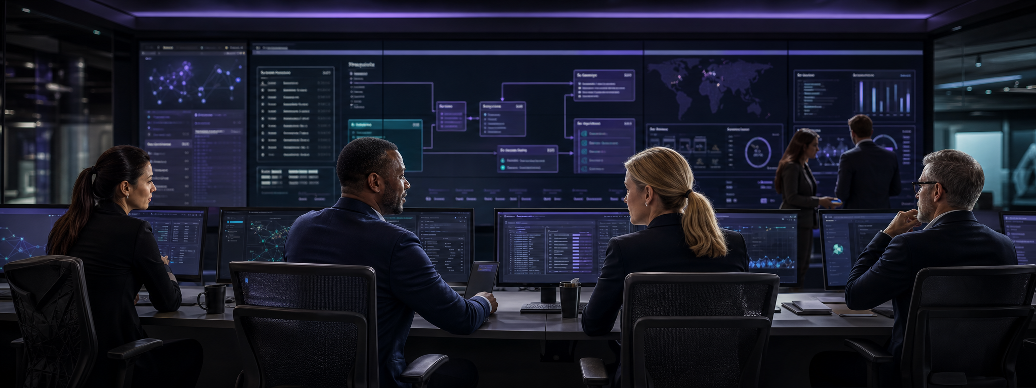 Enterprise operations team reviewing governed AI workflows