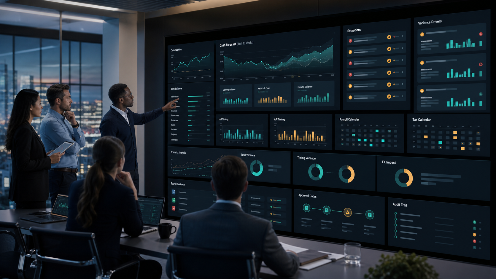 Treasury and finance leaders reviewing a governed AI cash forecast exception dashboard with bank balances, AR and AP timing, payroll and tax calendars, variance drivers, approval gates, source evidence, and audit trails