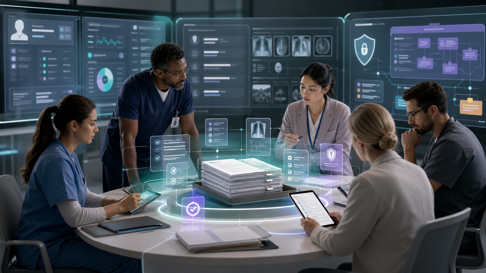 Healthcare providers, coders, patient-access staff, and revenue-cycle reviewers examining a governed AI documentation readiness workflow with EHR evidence, payer rules, privacy controls, approval checkpoints, and audit trails