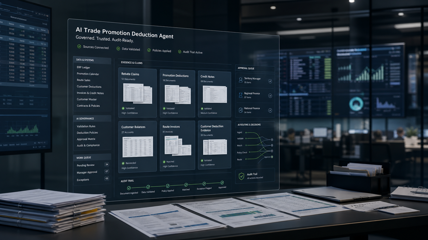 Governed OPAG AI trade promotion deduction agent reviewing Ajwa Group rebate claims, promotion calendars, route invoices, customer balances, credit notes, customer deduction evidence, approval queues, and audit trails
